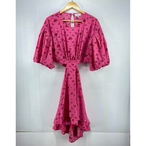 Acoa Pink Floral Puff Sleeve Cut Out Mini Dress Womens XL